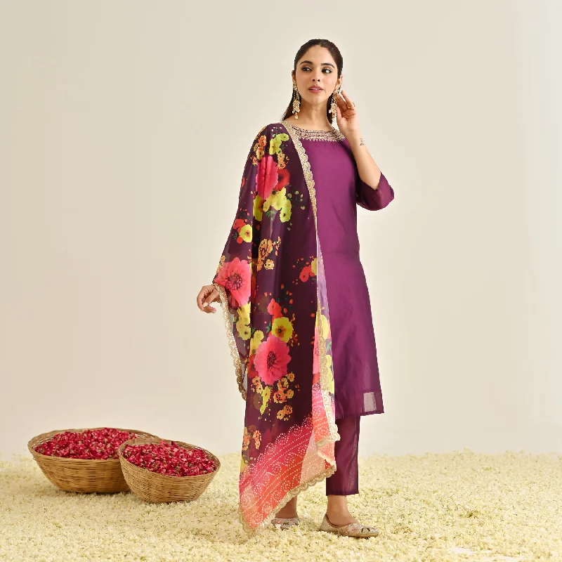 Burgundy Festive Embroidered Kurta Set with Printed Dupatta & Round Yoke Detail