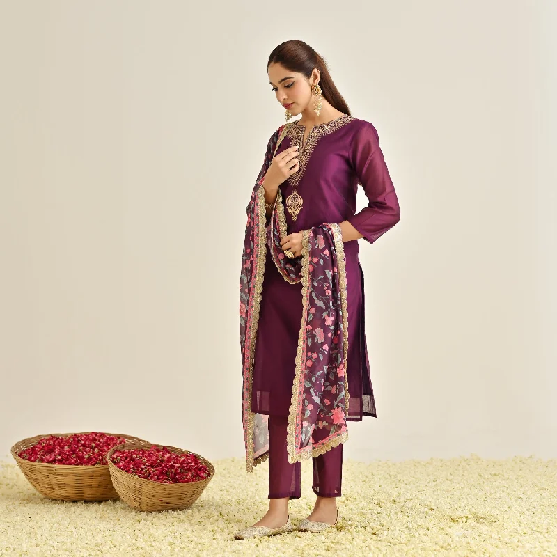 Burgundy Straight Festive Kurta Set with Printed Dupatta & Yoke Detail