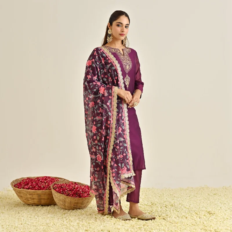 Burgundy Straight Festive Kurta Set with Printed Dupatta & Yoke Detail