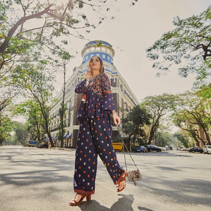 Deep Blue Floral Gathered Top Pant Co-ord Set with Tassels & Bell Sleeves