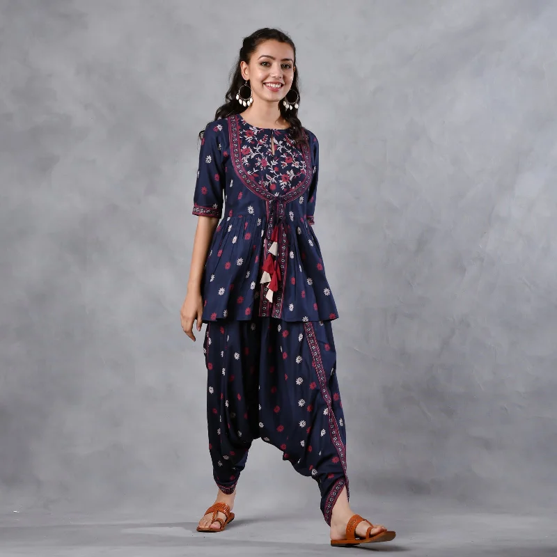 Deep Blue Gathered Top Dhoti Set with Yoke & Tassel Details