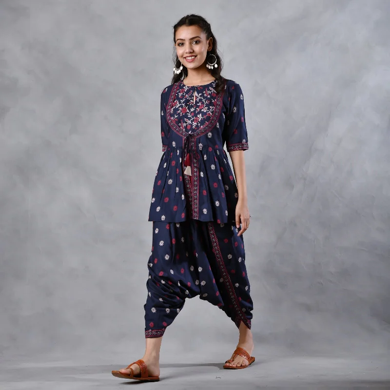 Deep Blue Gathered Top Dhoti Set with Yoke & Tassel Details