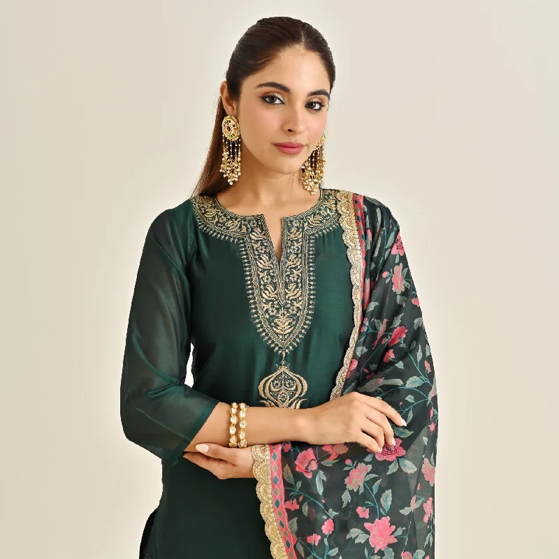 Emerald Green Straight Festive Kurta Set with Printed Dupatta & Yoke Detail