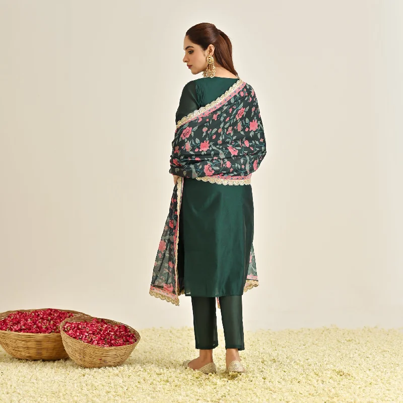 Emerald Green Straight Festive Kurta Set with Printed Dupatta & Yoke Detail