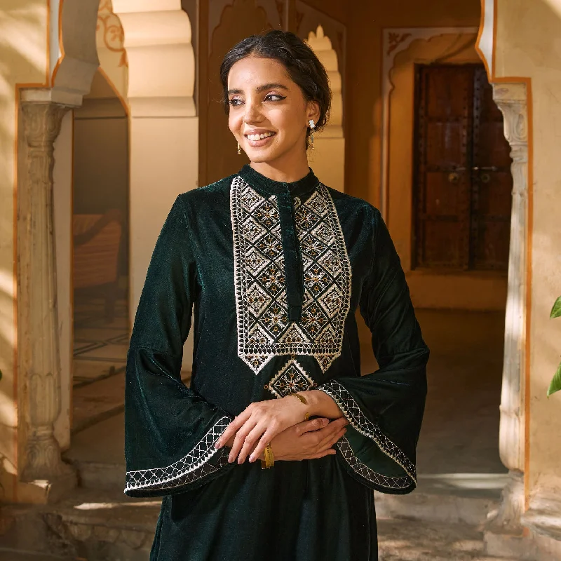 Emerald Green Embroidered Kurta with Bell Sleeves