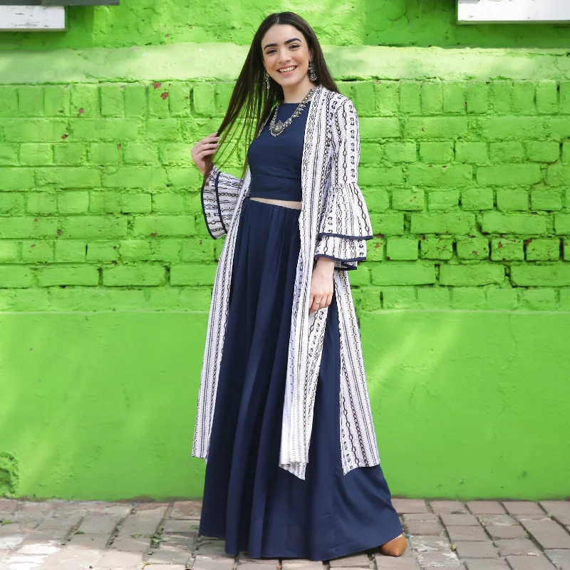 Indigo Blue Crop Top Skirt Set with Tiered Bell Sleeves Shrug