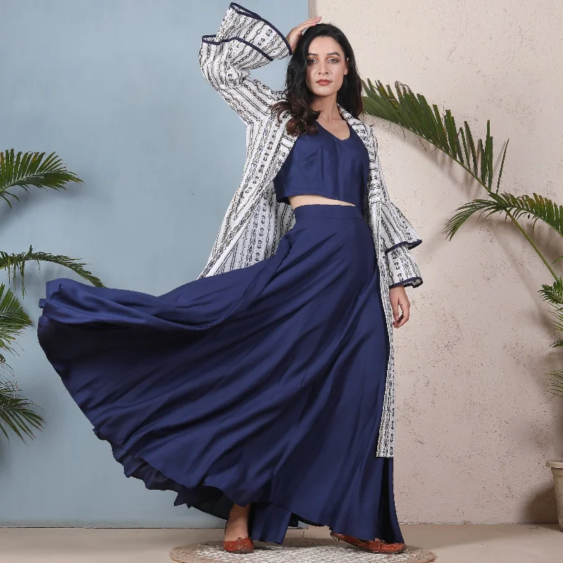 Indigo Blue Crop Top Skirt Set with Tiered Bell Sleeves Shrug