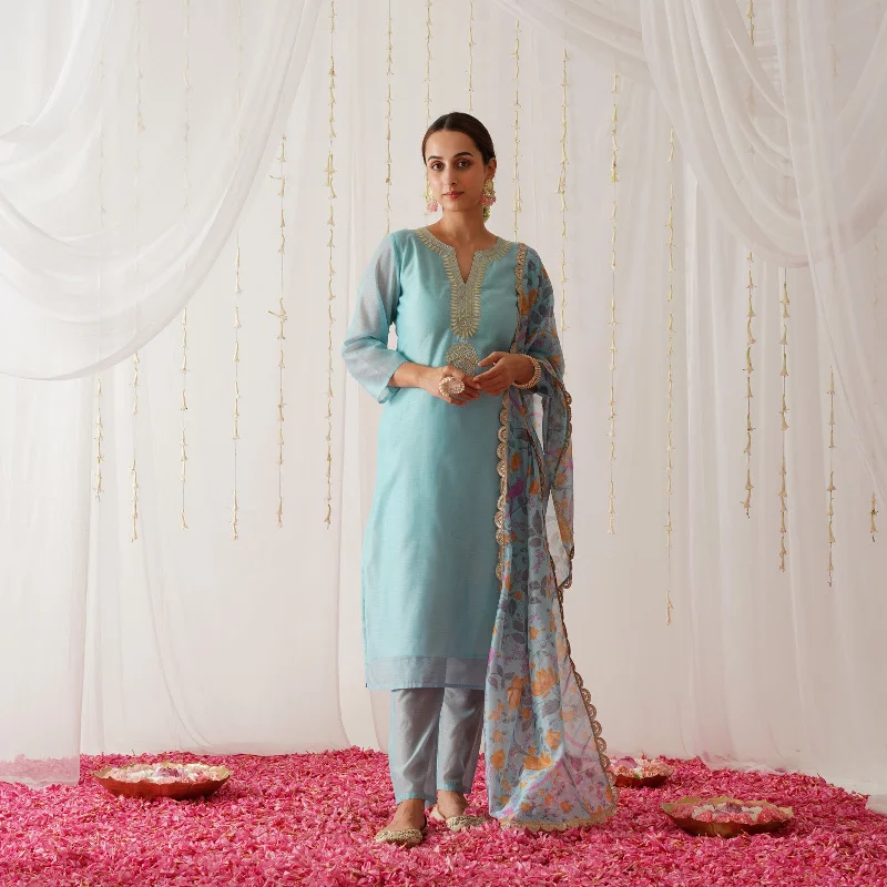 Light Blue Embroidered Chanderi Kurta Set with Dupatta