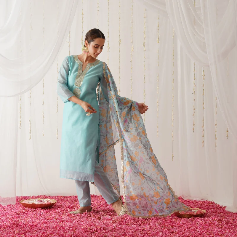 Light Blue Embroidered Chanderi Kurta Set with Dupatta