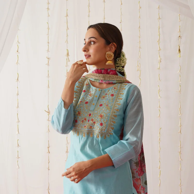 Light Blue Embroidered Chanderi Kurta Set