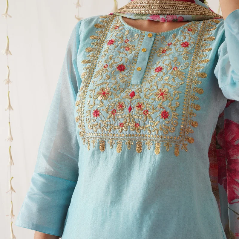 Light Blue Embroidered Chanderi Kurta Set