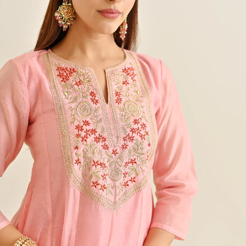 Light Pink Festive Anarkali Set with Embroidered Dupatta & Yoke Detail