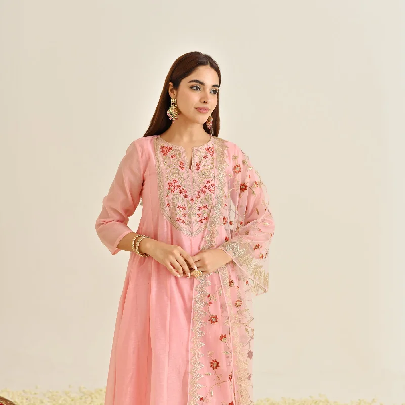 Light Pink Festive Anarkali Set with Embroidered Dupatta & Yoke Detail