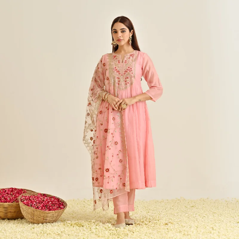 Light Pink Festive Anarkali Set with Embroidered Dupatta & Yoke Detail