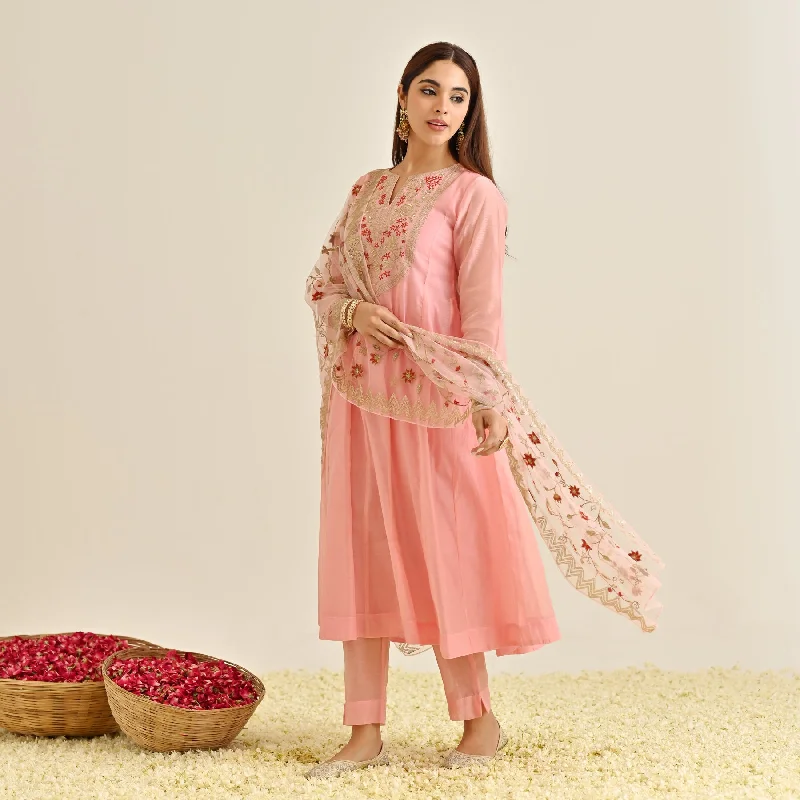 Light Pink Festive Anarkali Set with Embroidered Dupatta & Yoke Detail