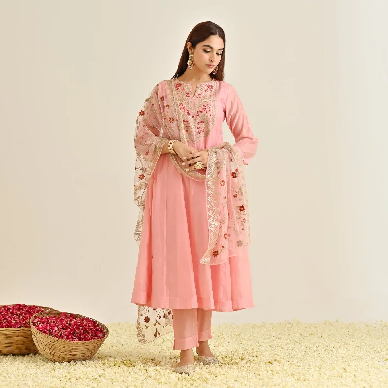 Light Pink Festive Anarkali Set with Embroidered Dupatta & Yoke Detail