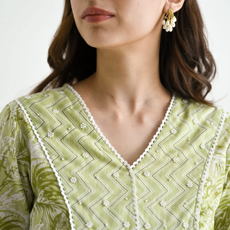 Lime Green Sanganeri Cotton Co-ord Set with Embroidery & Lace Details