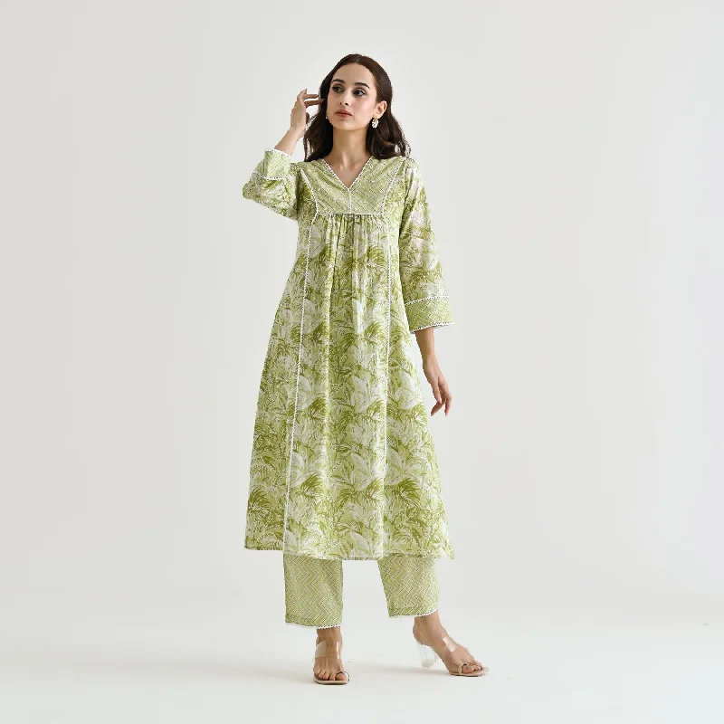 Lime Green Sanganeri Cotton Co-ord Set with Embroidery & Lace Details