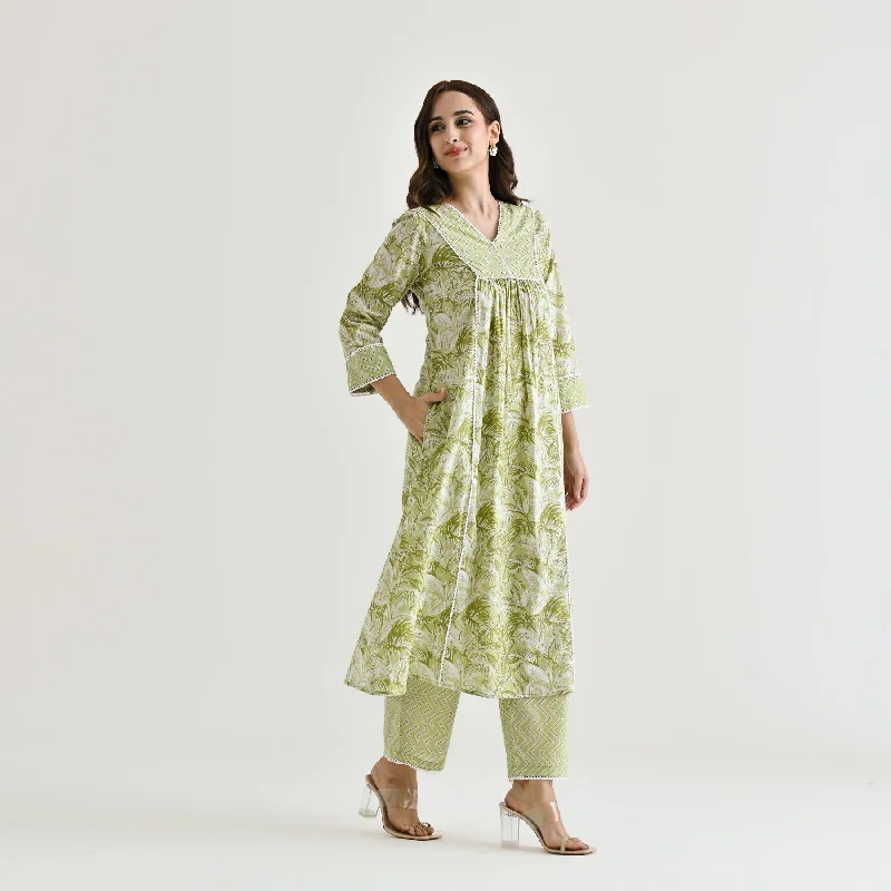 Lime Green Sanganeri Cotton Co-ord Set with Embroidery & Lace Details