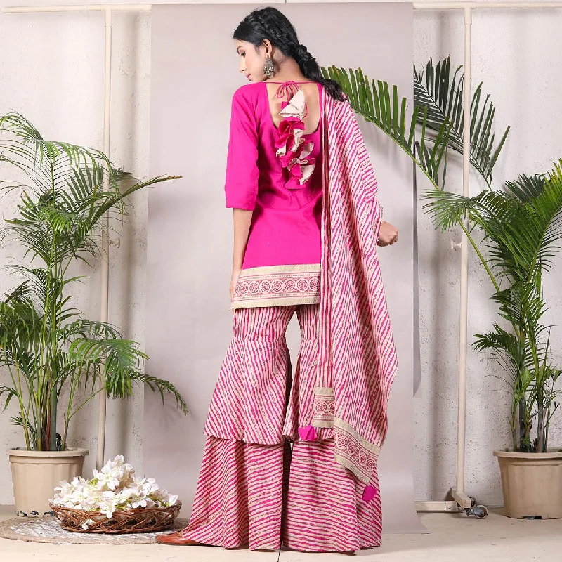 Magenta & Beige Kurta Ruffle Pant Set with Dupatta