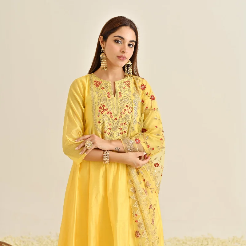 Mango Yellow Festive Anarkali Set with Embroidered Dupatta & Yoke Detail