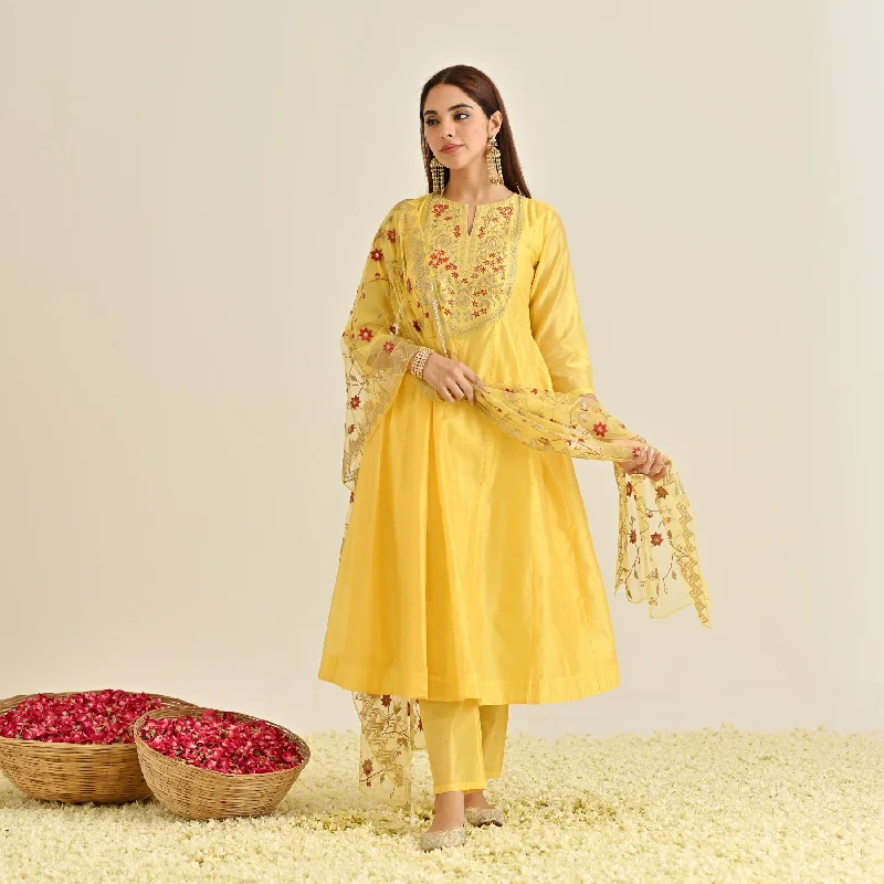 Mango Yellow Festive Anarkali Set with Embroidered Dupatta & Yoke Detail