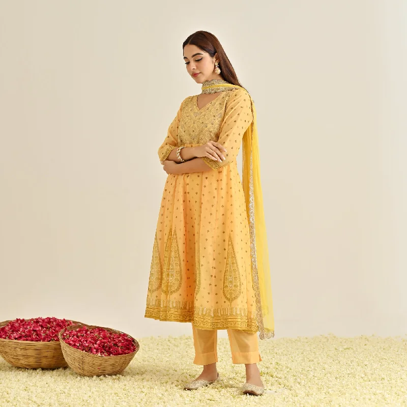 Mango Yellow Traditional Anarkali Set with Yoke Embroidery & Dupatta