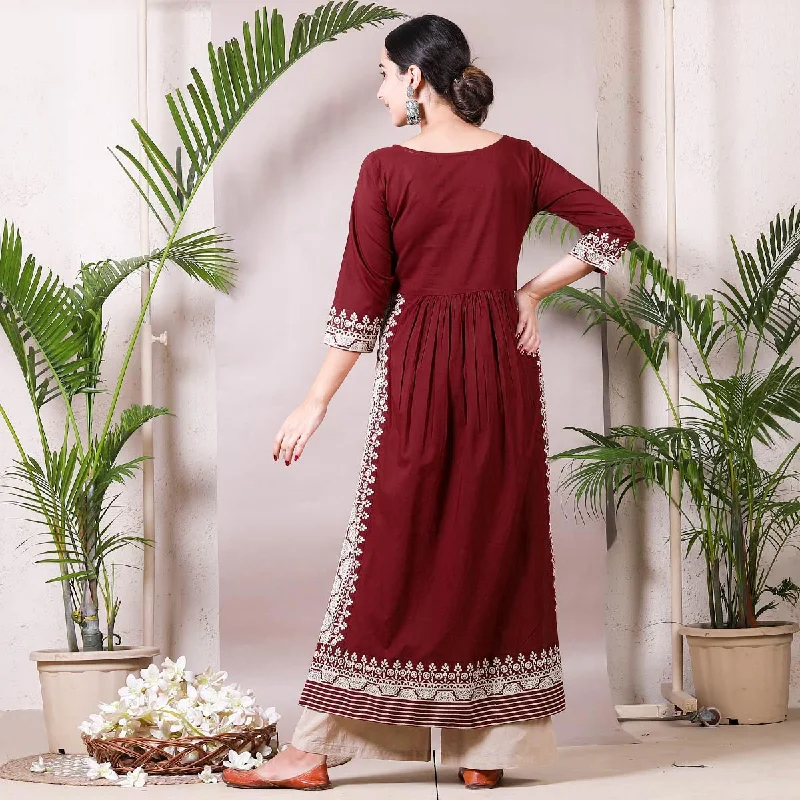 Maroon & Beige Border Printed Front Gather Kurta Palazzo Co-ord Set