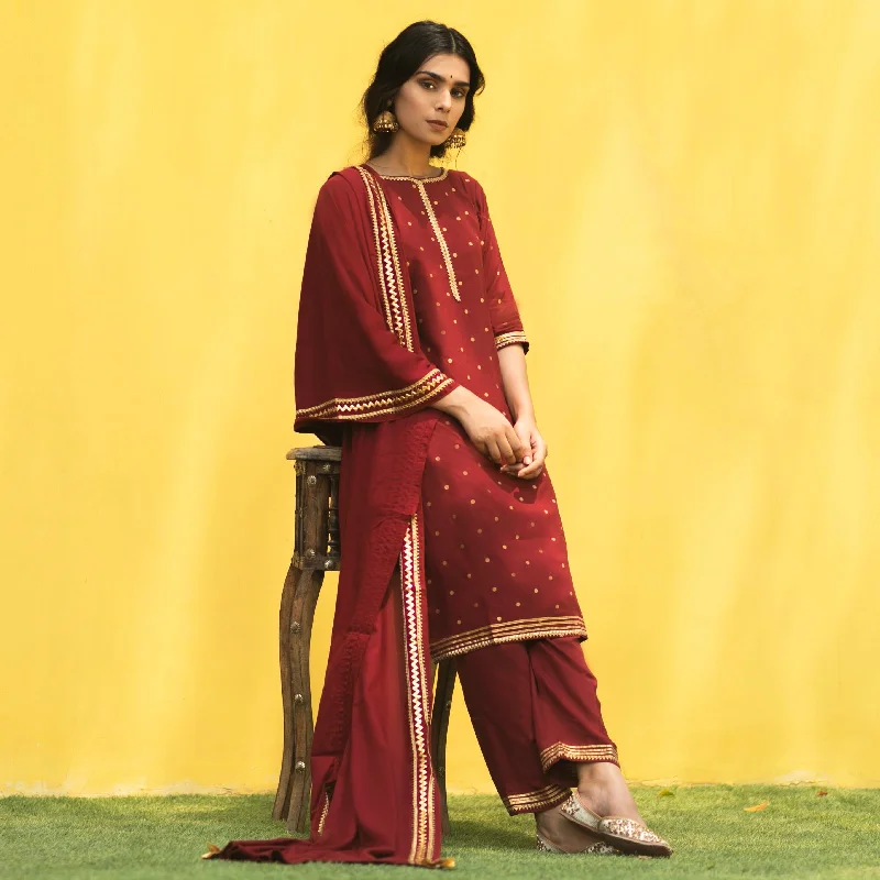 Maroon Bindi Kurta Set with Dupatta & Gota Work