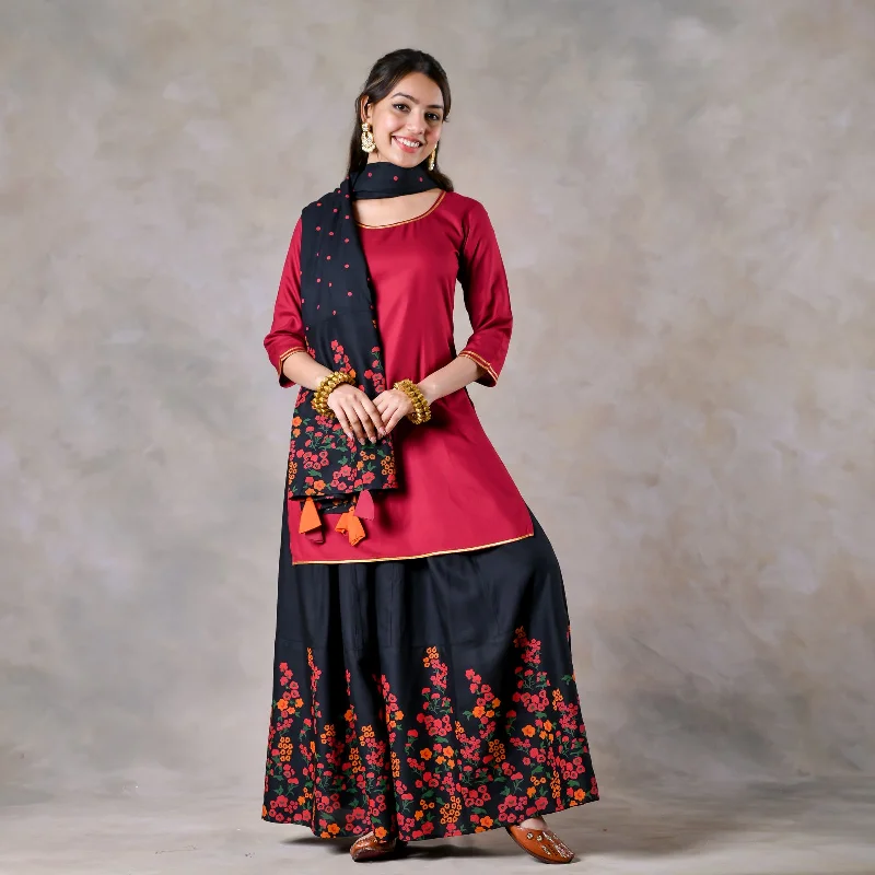 Maroon Black Palazzo Set for Women with Dupatta