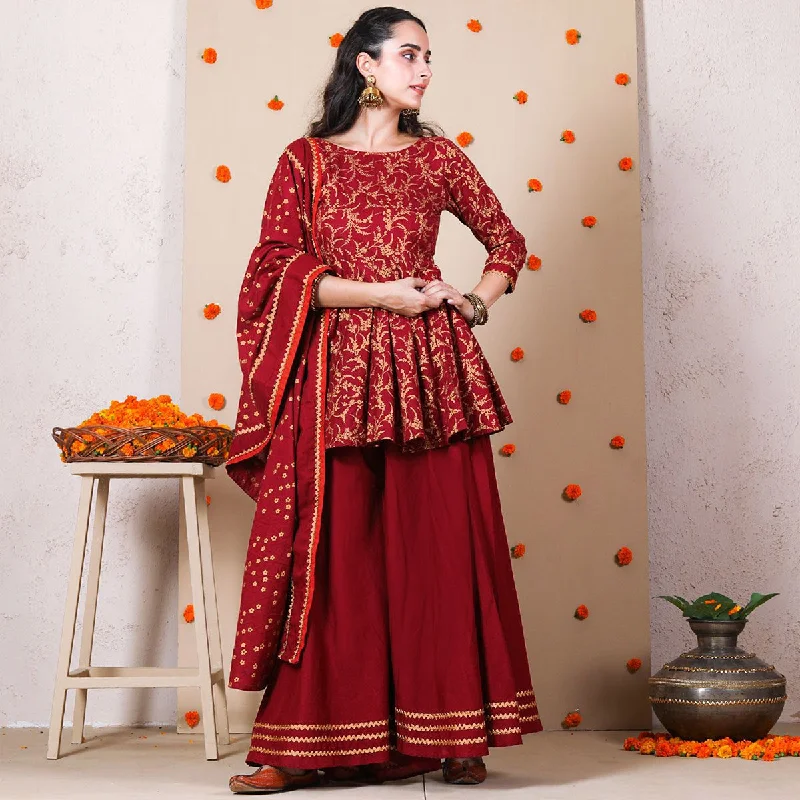 Maroon Festive Gold Printed Kurta Set for Women