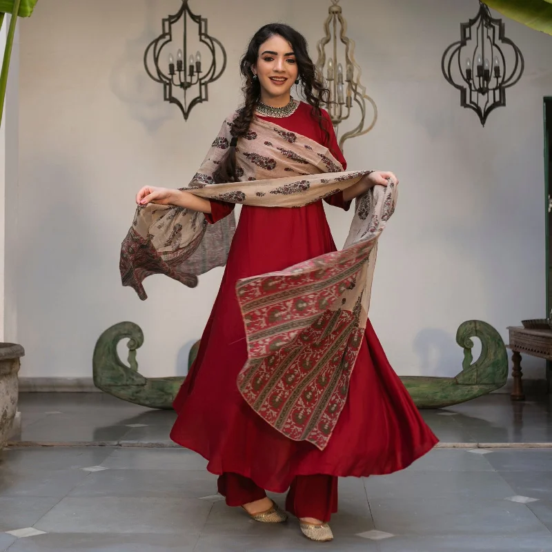 Maroon Flared Kurta Palazzo Set with Beige Floral Dupatta