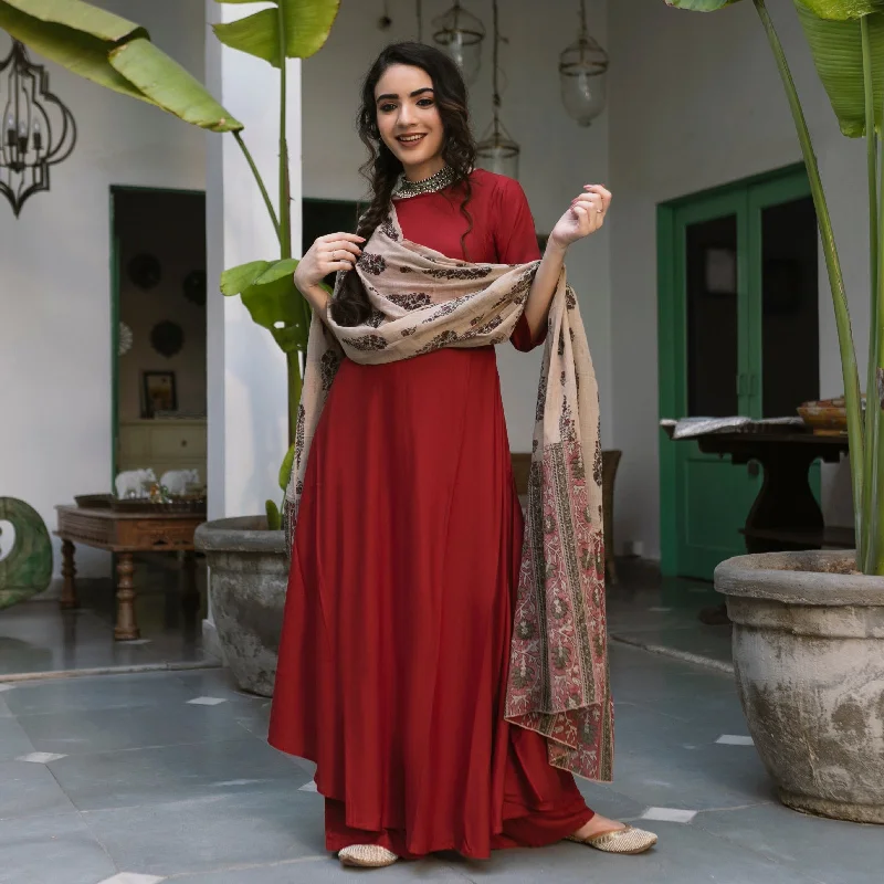 Maroon Flared Kurta Palazzo Set with Beige Floral Dupatta