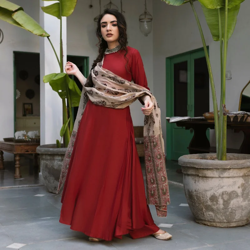 Maroon Flared Kurta Palazzo Set with Beige Floral Dupatta