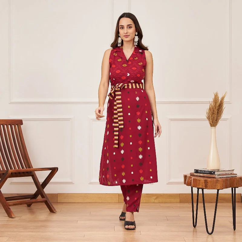 Maroon Ikat Inspired Kurta Pant Co-ord Set with Belt