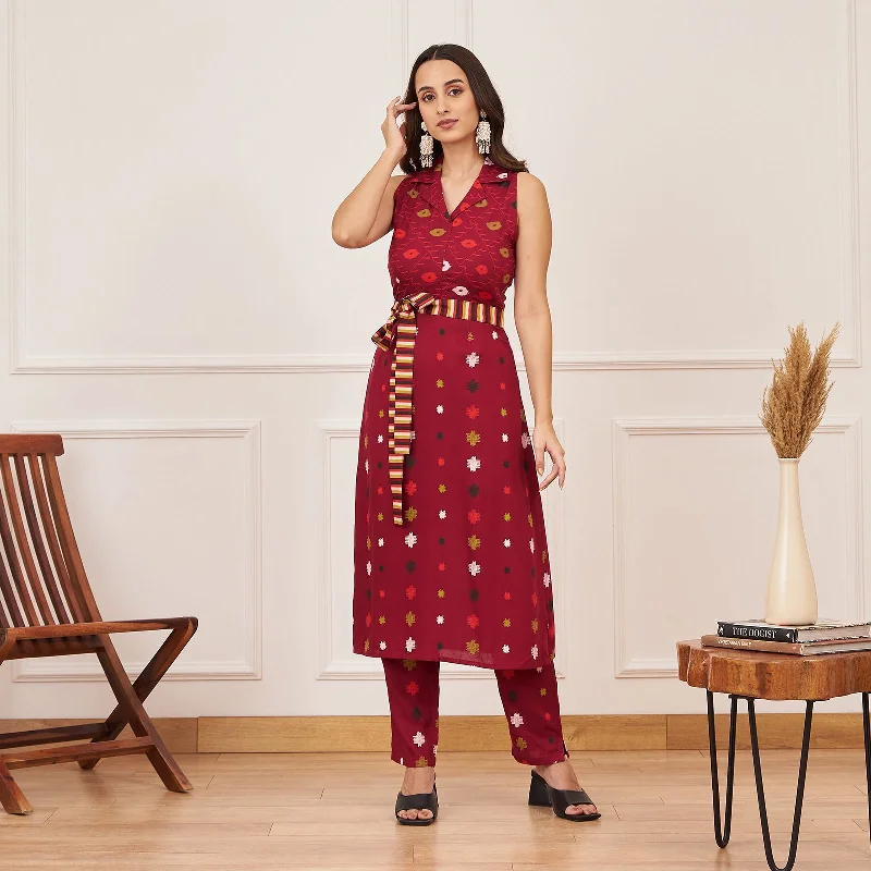 Maroon Ikat Inspired Kurta Pant Co-ord Set with Belt