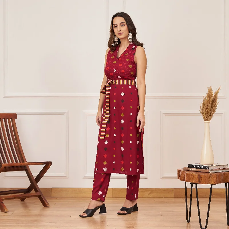 Maroon Ikat Inspired Kurta Pant Co-ord Set with Belt