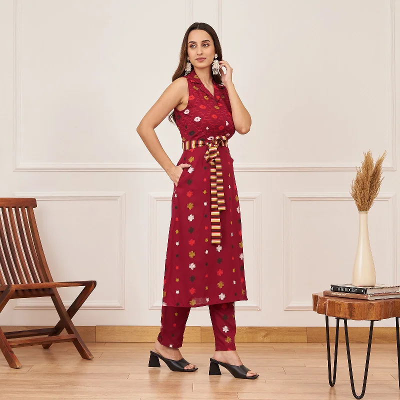 Maroon Ikat Inspired Kurta Pant Co-ord Set with Belt