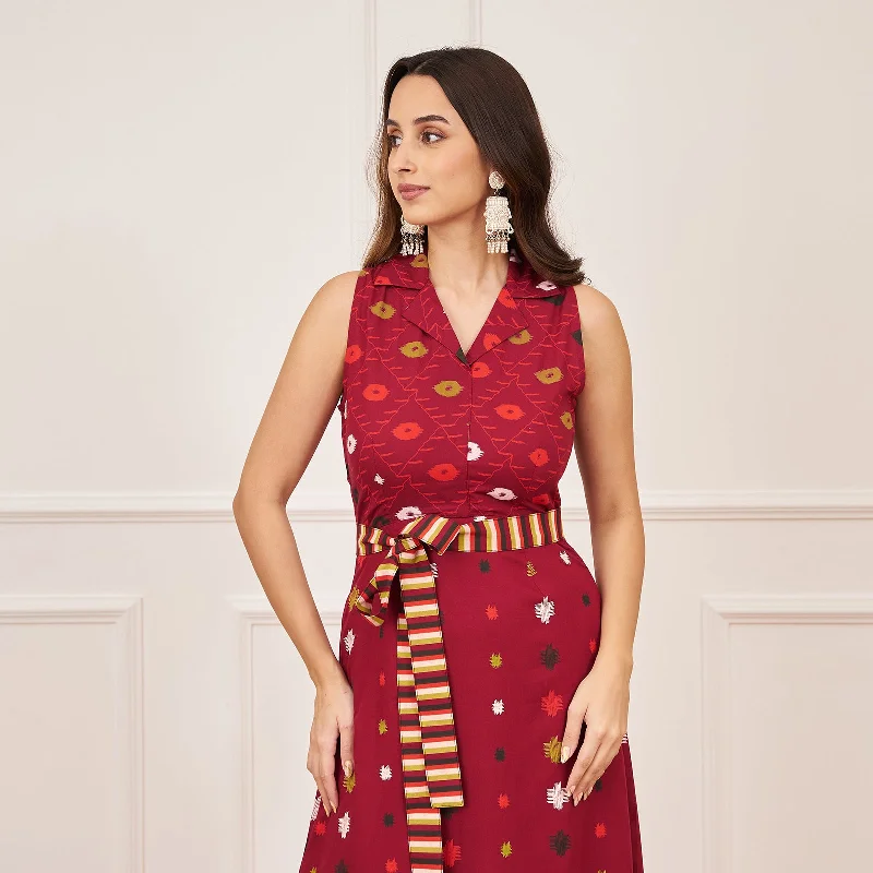 Maroon Ikat Inspired Kurta Pant Co-ord Set with Belt