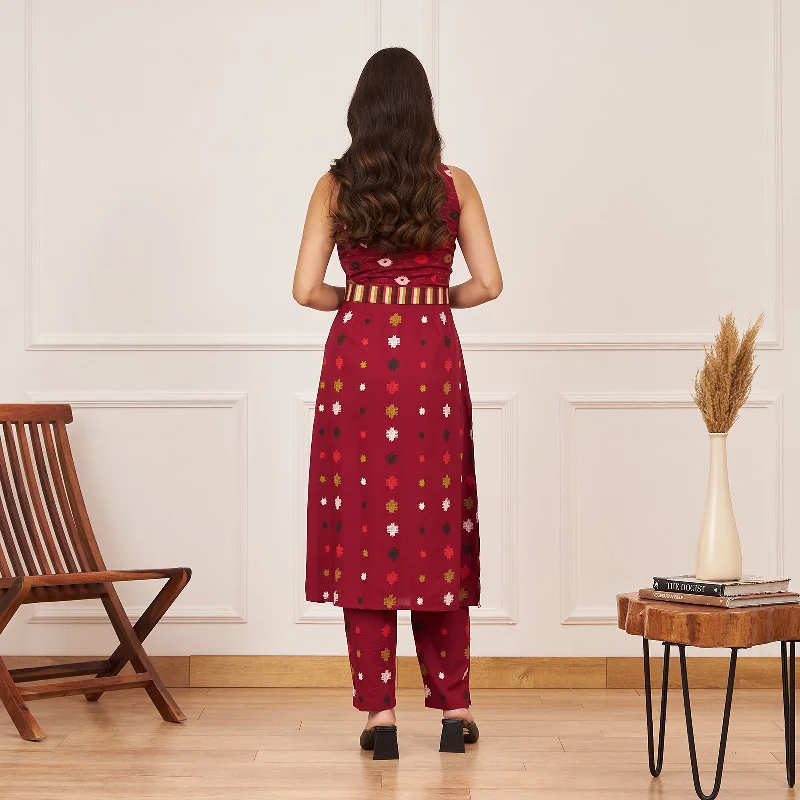 Maroon Ikat Inspired Kurta Pant Co-ord Set with Belt