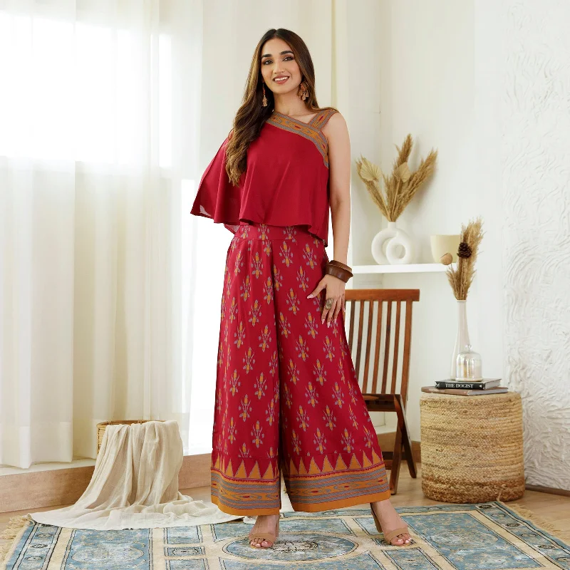 Maroon Ikat Printed Top Palazzo Set