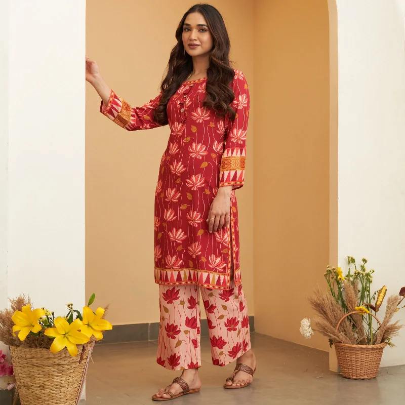 Maroon Pink Lotus Print Kurta Pant Co-ord Set