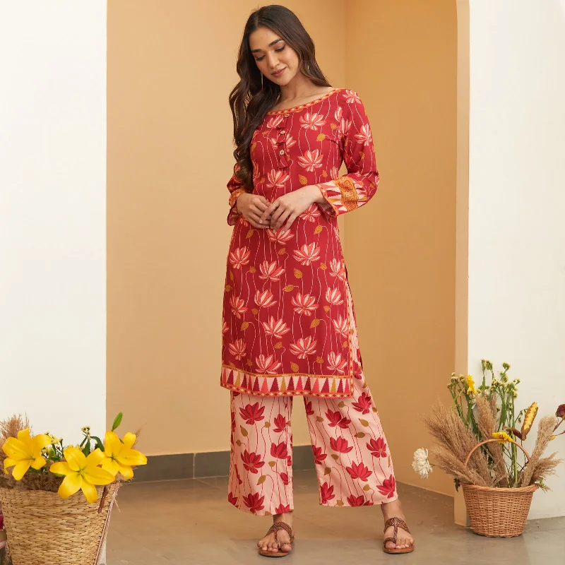 Maroon Pink Lotus Print Kurta Pant Co-ord Set