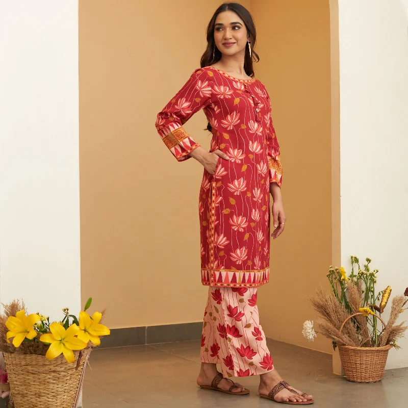 Maroon Pink Lotus Print Kurta Pant Co-ord Set