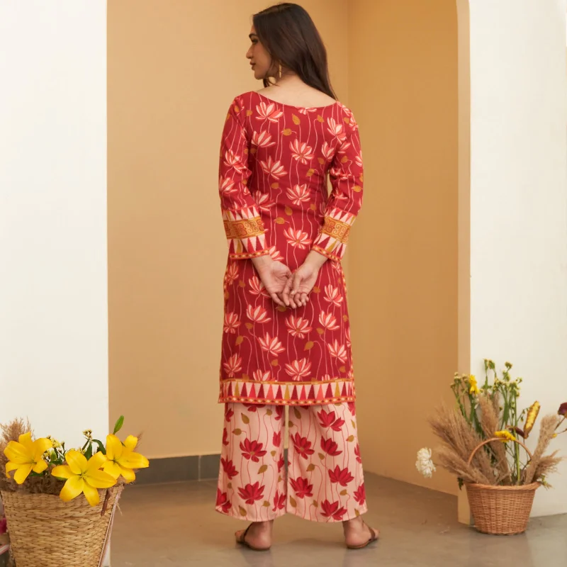 Maroon Pink Lotus Print Kurta Pant Co-ord Set