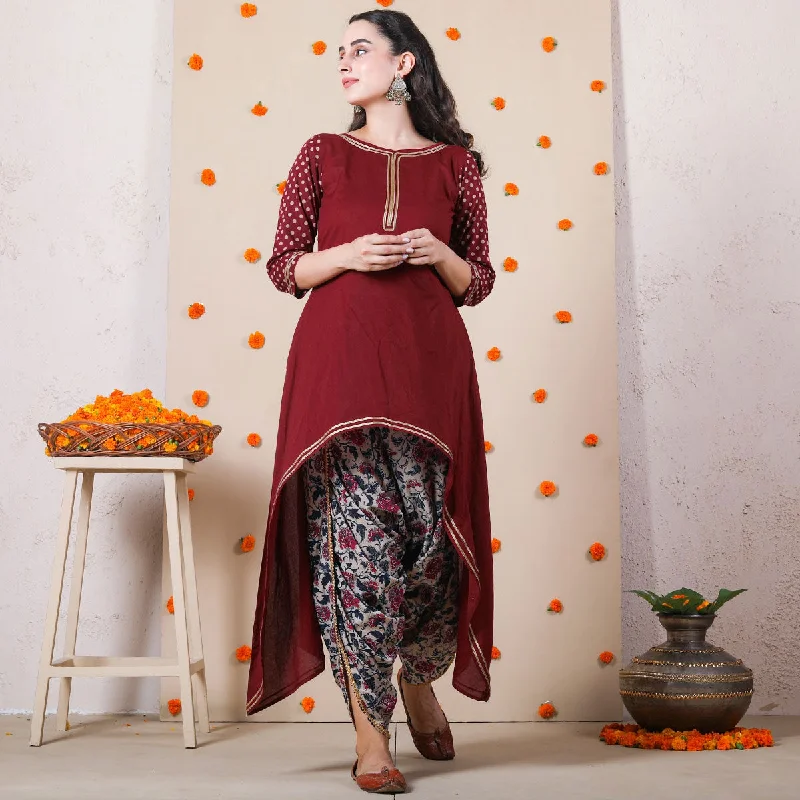 Maroon Polka Asymmetric Kurta & Beige Floral Dhoti Set with Gota Details