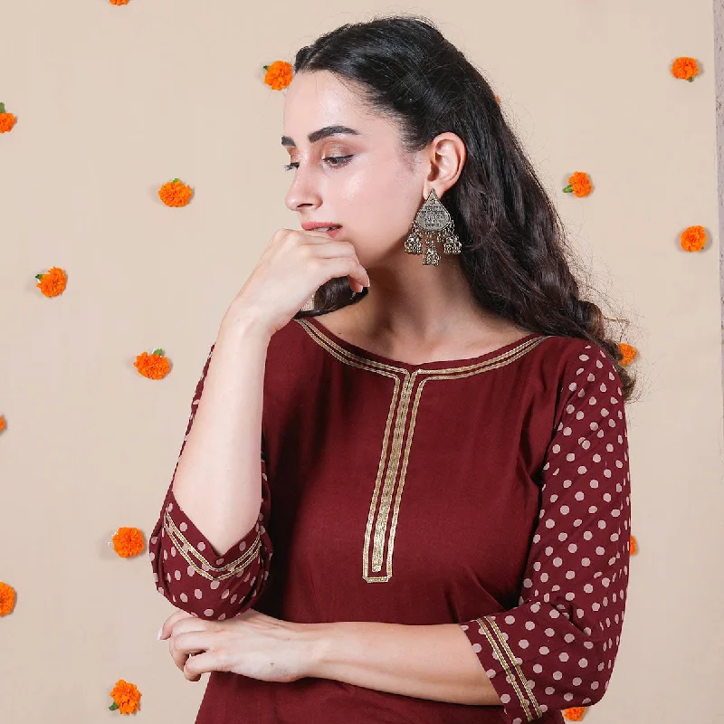 Maroon Polka Asymmetric Kurta & Beige Floral Dhoti Set with Gota Details