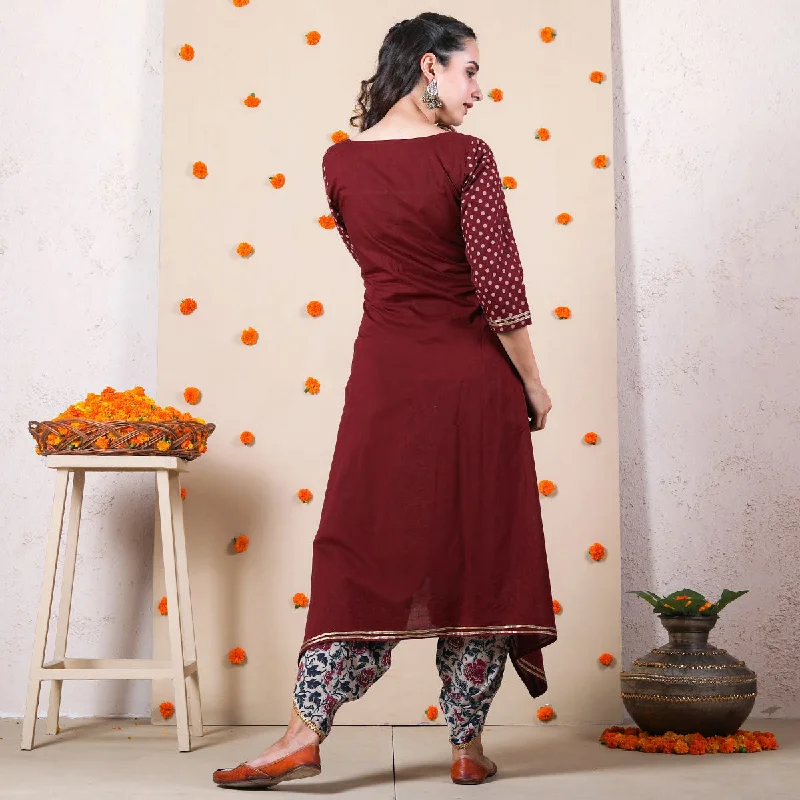 Maroon Polka Asymmetric Kurta & Beige Floral Dhoti Set with Gota Details