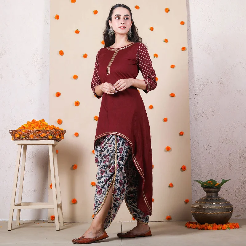 Maroon Polka Asymmetric Kurta & Beige Floral Dhoti Set with Gota Details