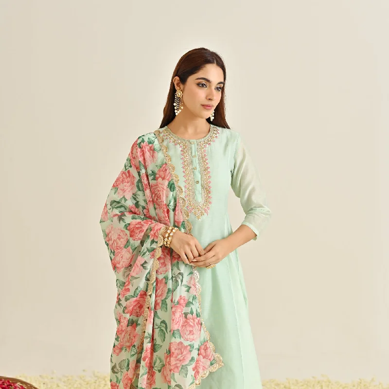 Mint Blue Anarkali Set with Floral Printed Dupatta & Yoke Embroidery